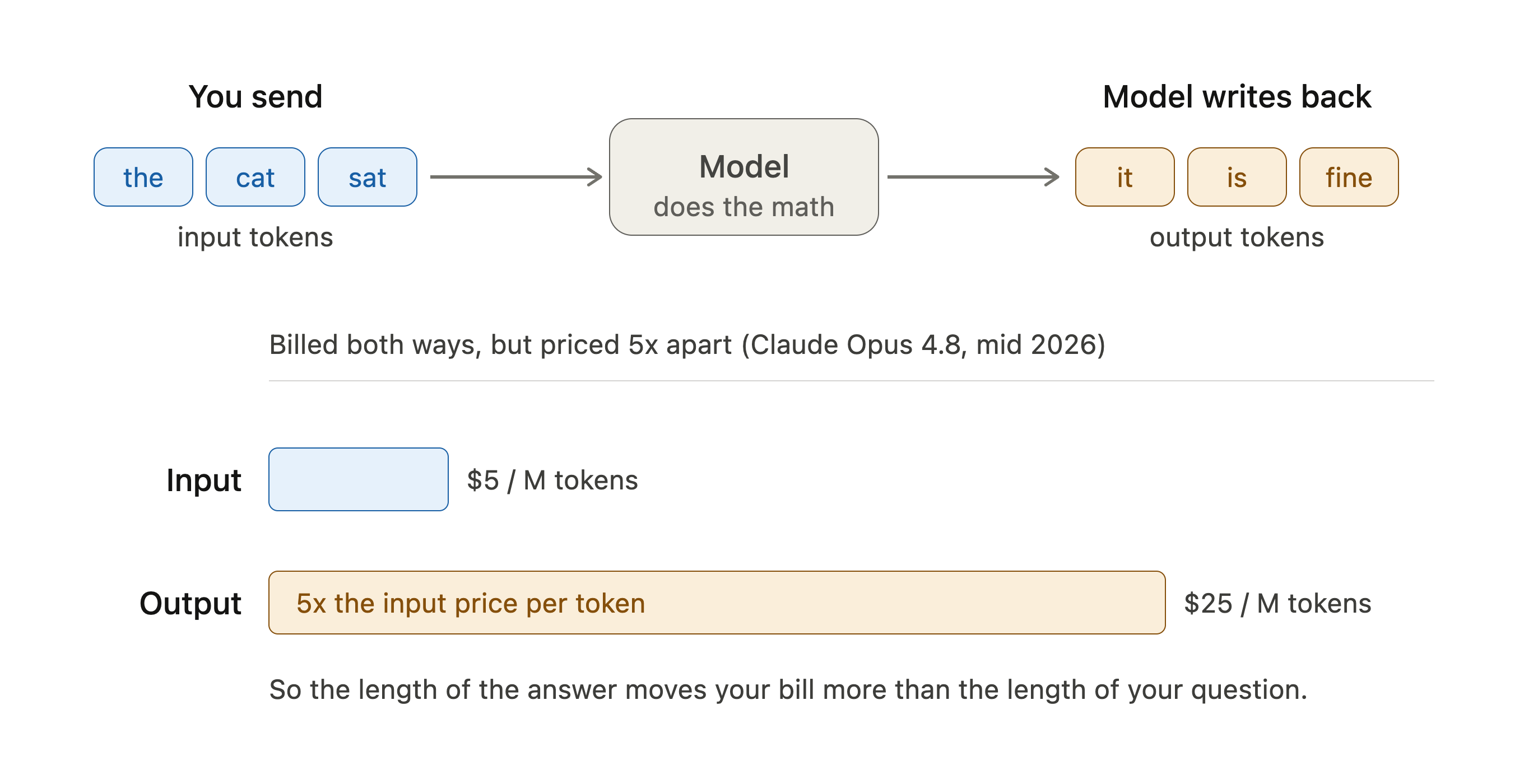 You send input tokens, the model writes back output tokens. Both are billed, but on Claude Opus 4.8 output costs 5x input.